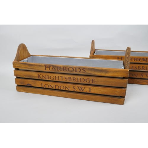 195 - A pair of vintage style wood herb planters with metal liners and 'Harrods' decoration, 35 x 11cm