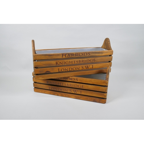 195 - A pair of vintage style wood herb planters with metal liners and 'Harrods' decoration, 35 x 11cm