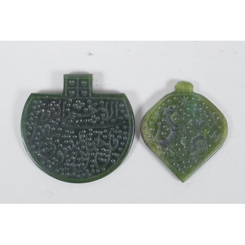 197 - An Eastern spinach jade pendant with chased Islamic script decoration, and another decorated with a ... 