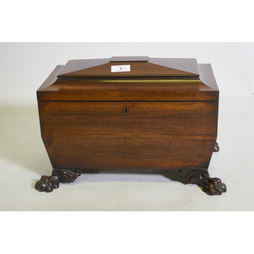 2 - A good Regency mahogany two division tea caddy of sarcophagus shape, the interior with two lidded co... 