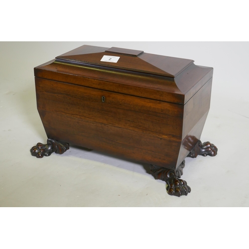 2 - A good Regency mahogany two division tea caddy of sarcophagus shape, the interior with two lidded co... 