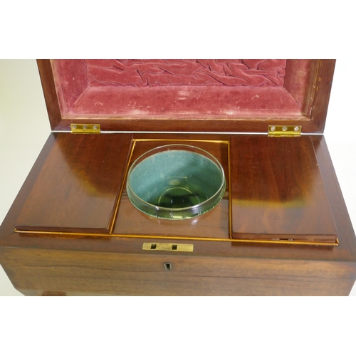 2 - A good Regency mahogany two division tea caddy of sarcophagus shape, the interior with two lidded co... 