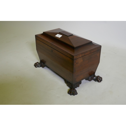 2 - A good Regency mahogany two division tea caddy of sarcophagus shape, the interior with two lidded co... 