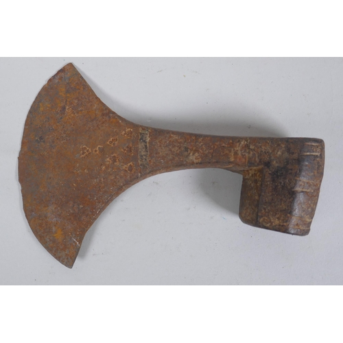 200 - An early European horseman's axe head, possibly C14th, 16 x 11cm