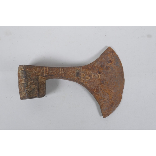 200 - An early European horseman's axe head, possibly C14th, 16 x 11cm