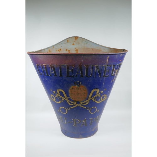 206 - A French style painted blue metal grape picker's hopper, with Chateau Neuf du Pape decoration, 61cm ... 