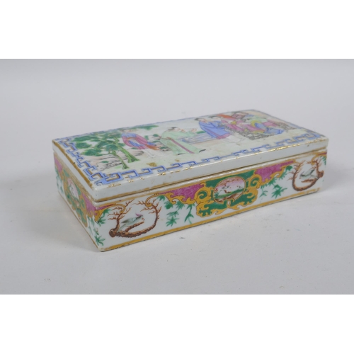 21 - A C19th Chinese Cantonese enamelled porcelain scribes box and cover, the cover decorated with women ... 