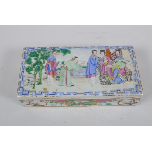 21 - A C19th Chinese Cantonese enamelled porcelain scribes box and cover, the cover decorated with women ... 