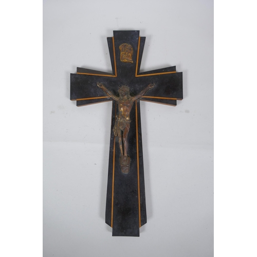 212 - An early C20th inlaid wood crucifix with gilt metal Corpus Christi, 20 x 35cm