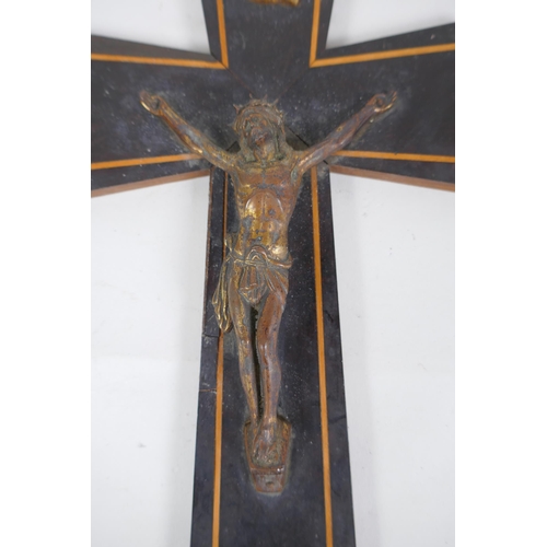 212 - An early C20th inlaid wood crucifix with gilt metal Corpus Christi, 20 x 35cm