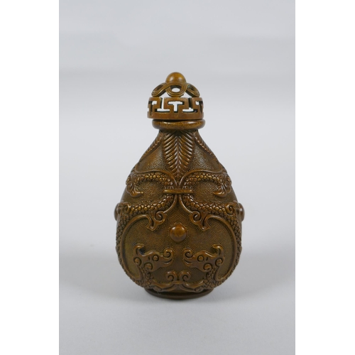 214 - A Chinese bronze snuff bottle with twin dragon decoration, 4 character mark to base, 9cm high