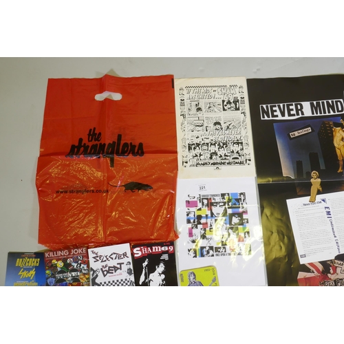 221 - A quantity of punk music ephemera to include flyers, posters, drinks mats etc, featuring The Strangl... 