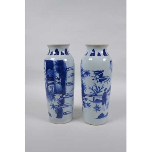 223 - A pair of Chinese blue and white porcelain vases decorated with figures in a garden, 23cm high