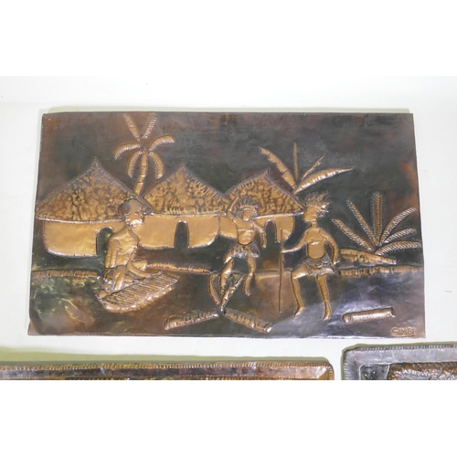 224 - Three African embossed copper decorative panels depicting figures in landscapes, two signed 'Kanbuvu... 