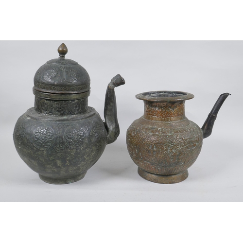 234 - Two antique oriental repousse copper tea pots, with floral and dragon decoration, largest 28cm