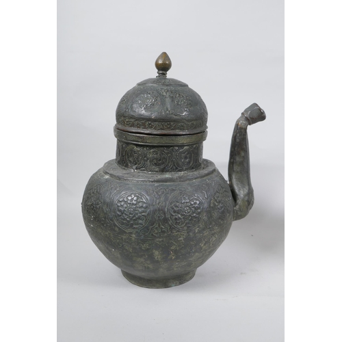 234 - Two antique oriental repousse copper tea pots, with floral and dragon decoration, largest 28cm