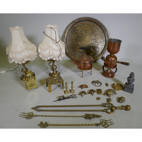 240 - A quantity of copper and brass ware to include an antique Picard coffee percolator and burner, a ket... 