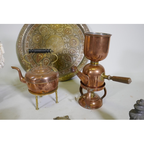 240 - A quantity of copper and brass ware to include an antique Picard coffee percolator and burner, a ket... 