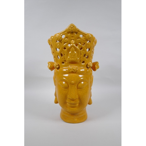 242 - A Chinese yellow crackle glazed ceramic head bust of Quan Yin, 36cm high