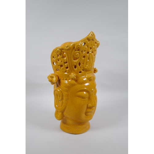 242 - A Chinese yellow crackle glazed ceramic head bust of Quan Yin, 36cm high