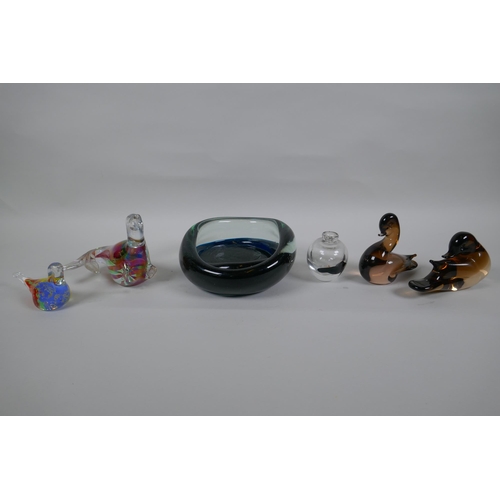 245 - Four studio glass animals to include birds and a seal, and a studio glass ash tray and scent bottle,... 