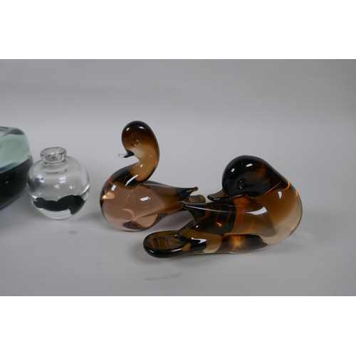 245 - Four studio glass animals to include birds and a seal, and a studio glass ash tray and scent bottle,... 