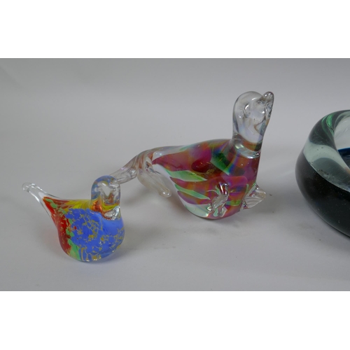 245 - Four studio glass animals to include birds and a seal, and a studio glass ash tray and scent bottle,... 