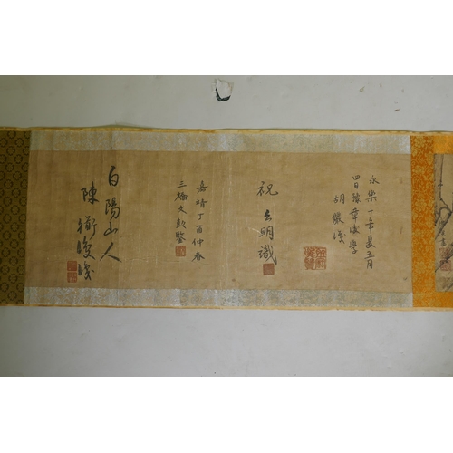 246 - A Chinese watercolour scroll depicting an extensive cliffside landscape, 23cm high