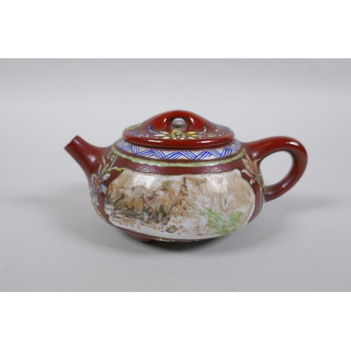 254 - A Chinese YiXing teapot of squat form with polychrome enamel decoration, impressed mark to base, 10c... 