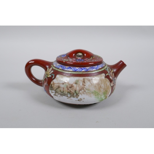 254 - A Chinese YiXing teapot of squat form with polychrome enamel decoration, impressed mark to base, 10c... 