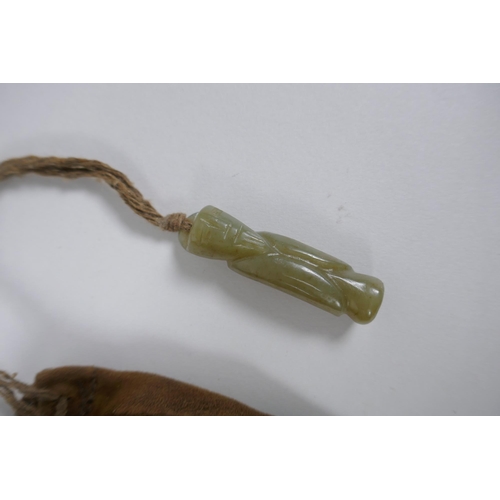 262 - A Chinese tobacco pipe and pouch, the hardwood pipe with jade and metal mounts, 39cm long