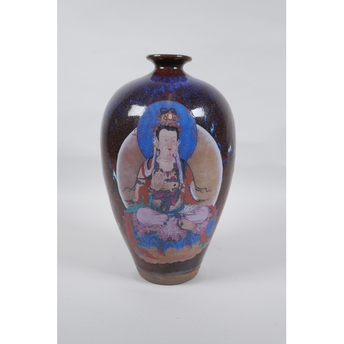 263 - A Chinese Jun ware style meiping vase with transfer printed decoration depicting thangka artworks, 2... 