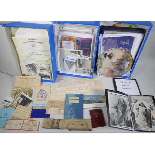 264 - Three archival boxes of early to mid C20th naval ephemera, to include certificates, photographs, pay... 