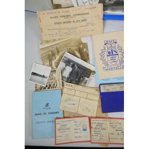 264 - Three archival boxes of early to mid C20th naval ephemera, to include certificates, photographs, pay... 