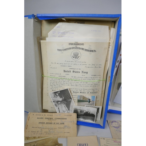 264 - Three archival boxes of early to mid C20th naval ephemera, to include certificates, photographs, pay... 