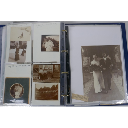 277 - An album of early C20th photographs and cabinet cards, mostly portraits, including a press photograp... 