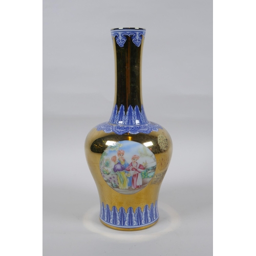 286 - A Chinese gilt lustre porcelain Yen Yen vase with polychrome panels depicting European women, Qianlo... 