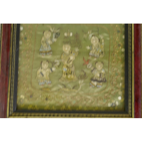 292 - Two antique Chinese embroideries on silk with gilt thread detail, 14 x 14cm, and a set of five carve... 