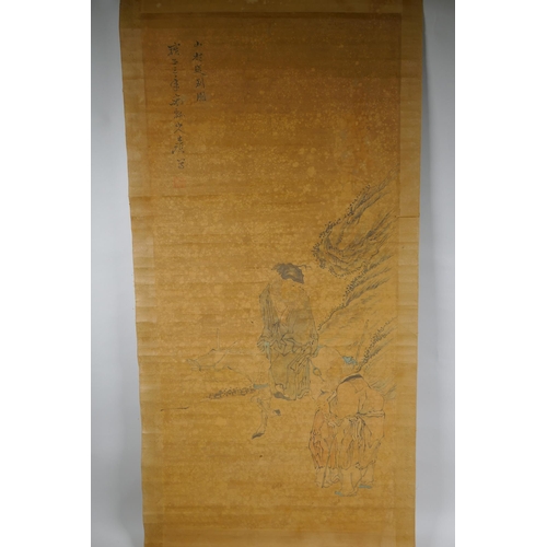 294 - An early C20th Chinese watercolour scroll depicting sages in a landscape, 42 x 90cm