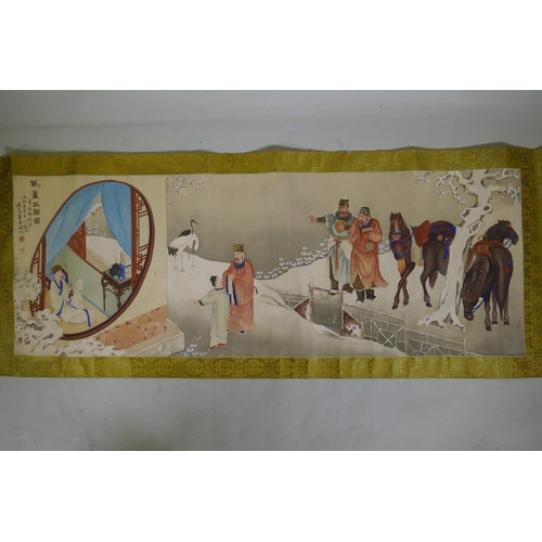 295 - A Chinese watercolour scroll depicting figures and horses in a snowy landscape, 140 x 51cm