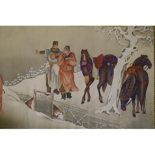 295 - A Chinese watercolour scroll depicting figures and horses in a snowy landscape, 140 x 51cm