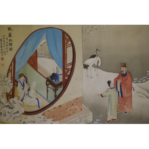 295 - A Chinese watercolour scroll depicting figures and horses in a snowy landscape, 140 x 51cm