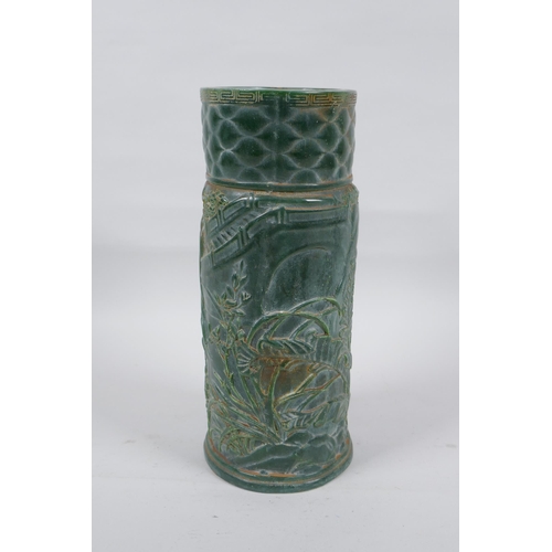 303 - A Chinese spinach green glass brush pot decorated with a landscape scene, seal mark to base, 25cm hi... 