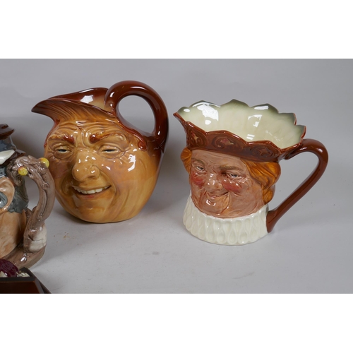 314 - A set of six Royal Doulton mask jugs and twelve miniature jugs with display shelves