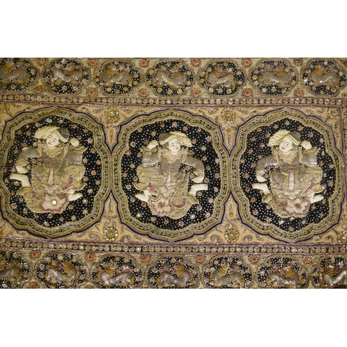 32 - An antique Burmese stump work wall hanging depicting dancers and tigers, 172 x 120cm