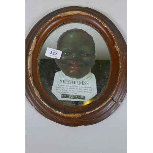 332 - A vintage advertising mirror for Hudson's soap, in papier mache frame, and an antique silkwork of a ... 