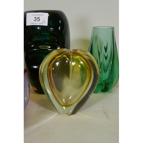 35 - A collection of Murano glass dishes, two spill vases, a green glass vase and an Orrefors dish, talle... 