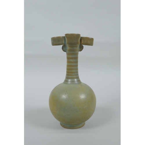 36 - A Chinese Ru ware style vase with two lug handles and ribbed neck, 15cm high