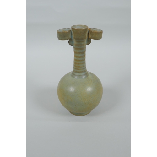 36 - A Chinese Ru ware style vase with two lug handles and ribbed neck, 15cm high