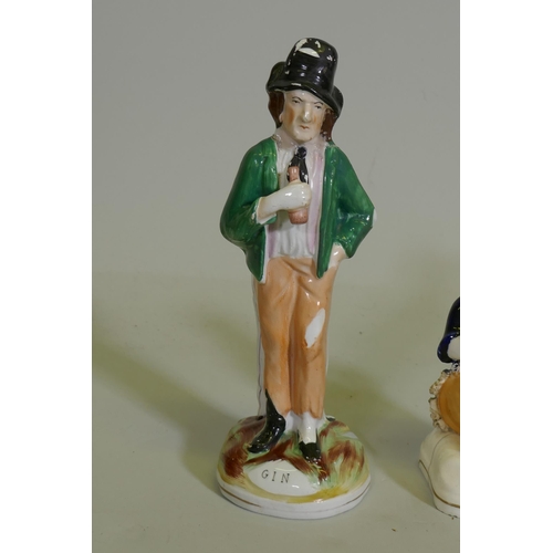 39 - A C19th Staffordshire temperance double sided figure of a Gin and Water drinker, 22cm high, and anot... 